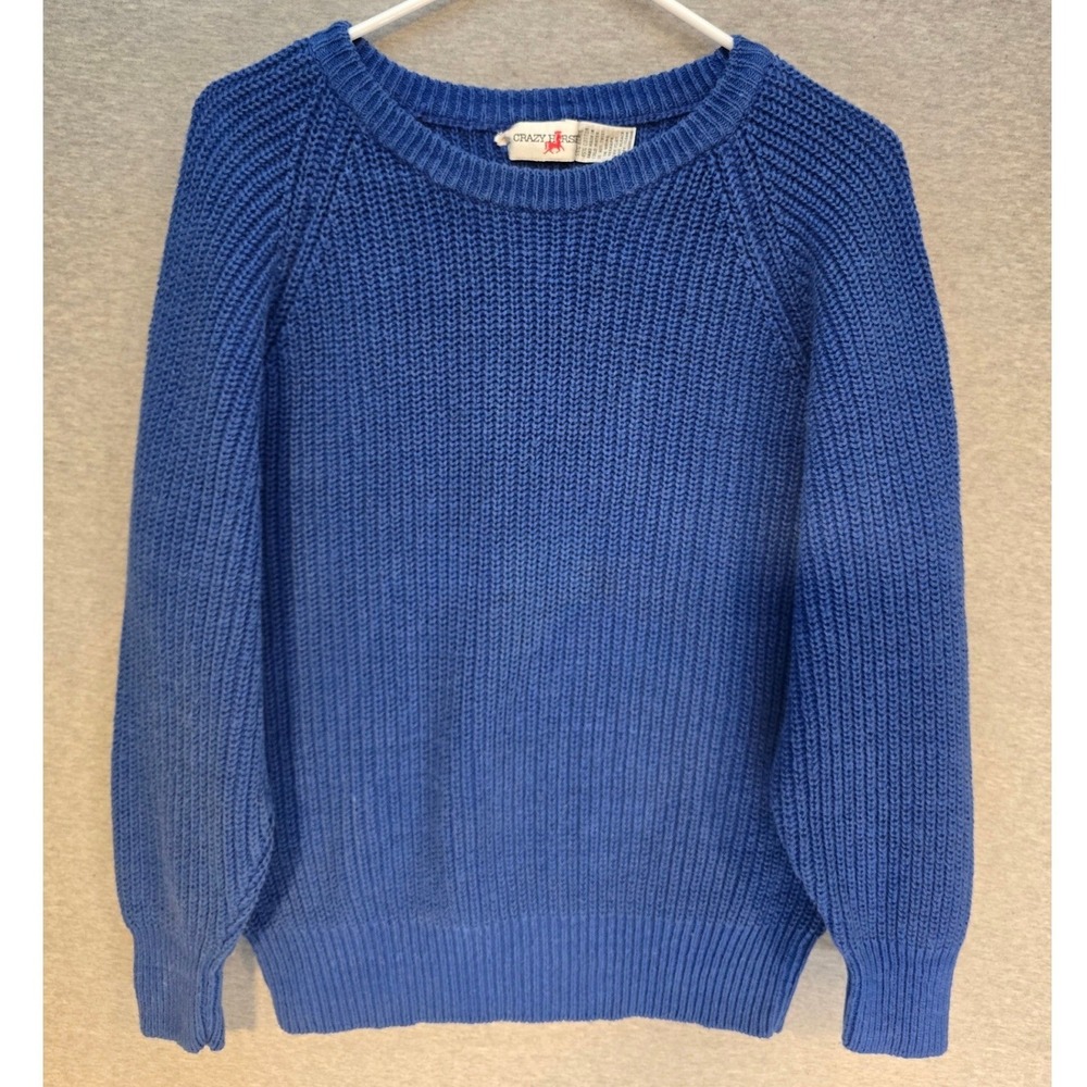Vintage Crazy Horse Blue Shaker Knit Sweater Ramie Cotton Raglan Crew Neck